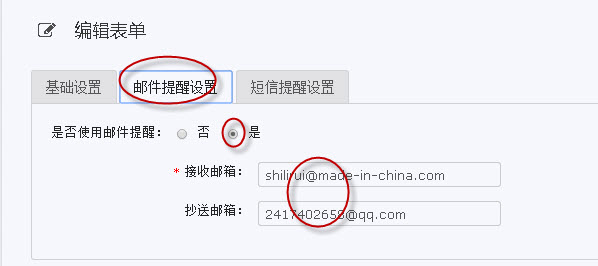 在编辑表单页面，单击”邮件提醒设置“按钮，切换到邮件提醒设置页面，在这里可以开启邮件提醒，输入邮箱，那么客户发送询价后，网站后台和此邮箱均可收到一封询价邮件。